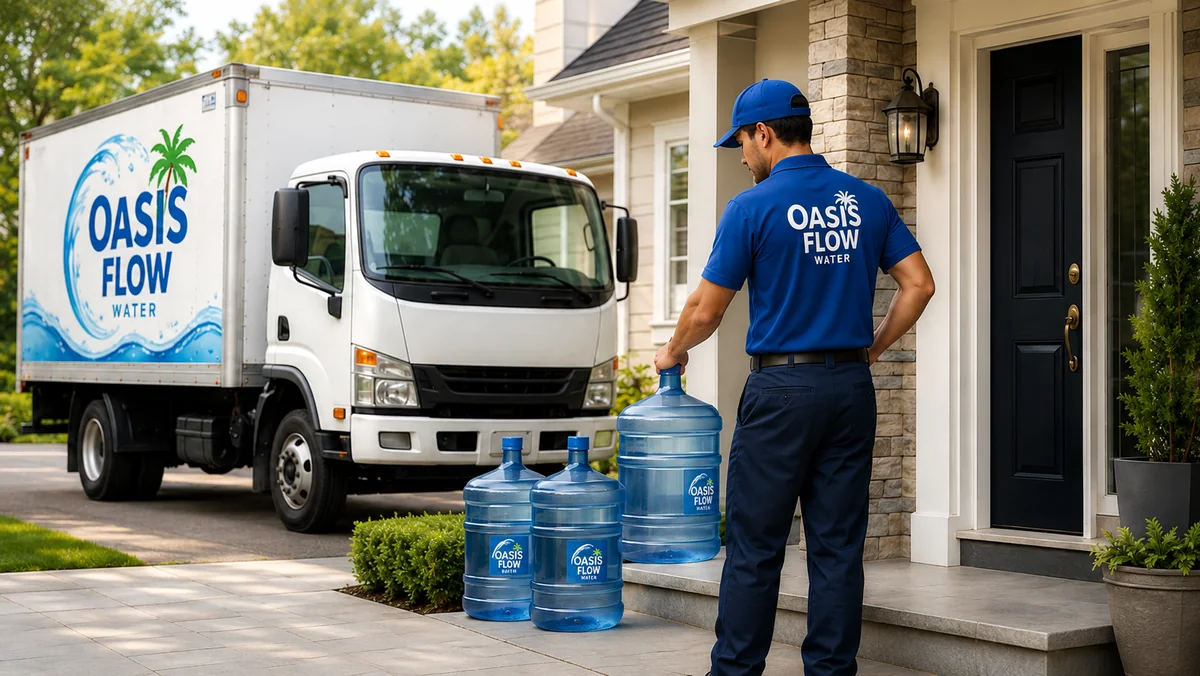 Oasis Flow delivery driver carrying 5 gallon water bottles to a home beside a branded delivery truck in Abu Dhabi