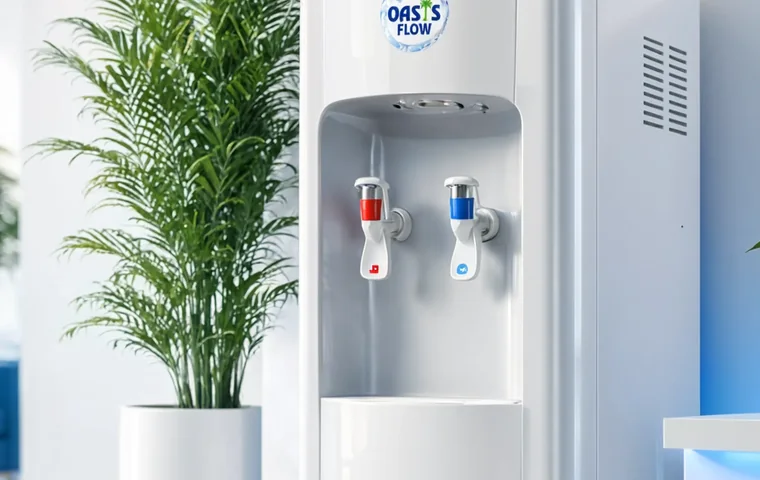 Oasis Flow branded hot and cold water dispenser with red and blue taps