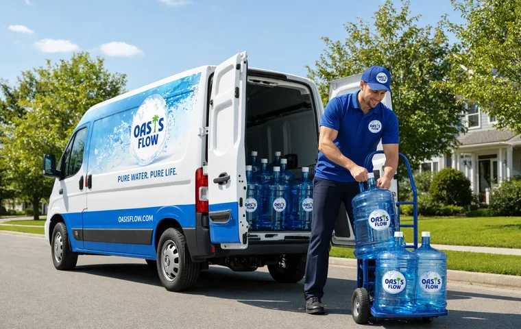Oasis Flow delivery van and driver loading 5 gallon water bottles onto a trolley